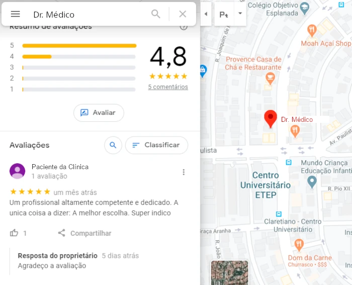 Avaliação de um médico no Google Maps